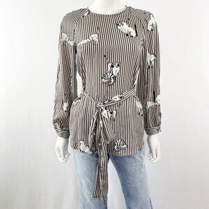 Zara Cat Blouse Women Pinstripe Satin Belted Long Sleeve